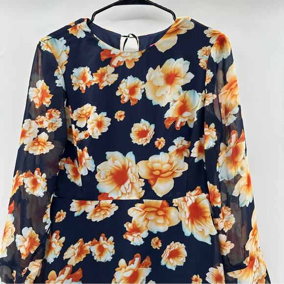 Betsey Johnson Navy Blue‎ & White Floral Print Chiffon Fit & Flare Dress Size 6 - Picture 3 of 8
